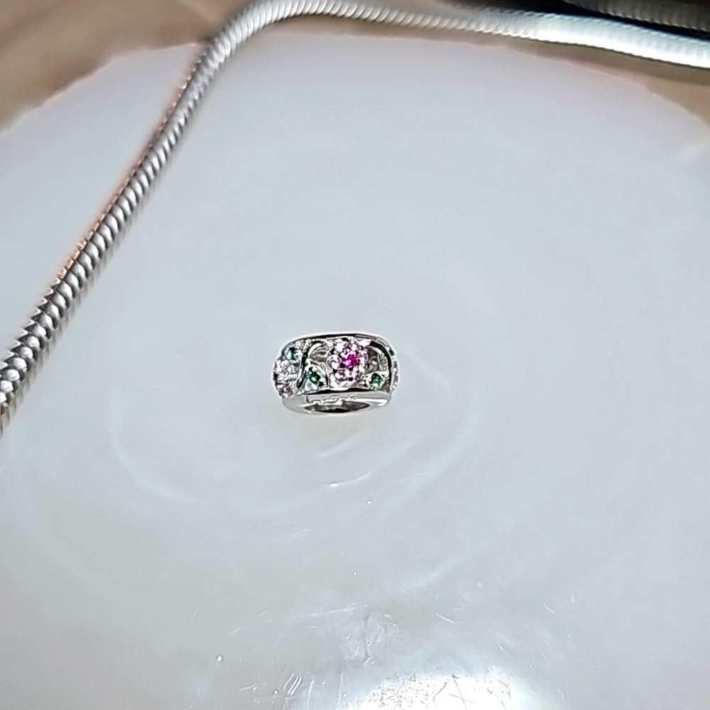Sterling Silver Floral Charm Bead with Pink & Green CZ Accents